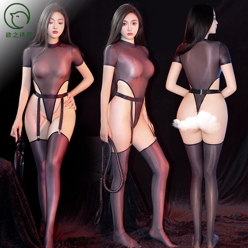 丝滑油亮连体衣性感冰丝内衣镂空