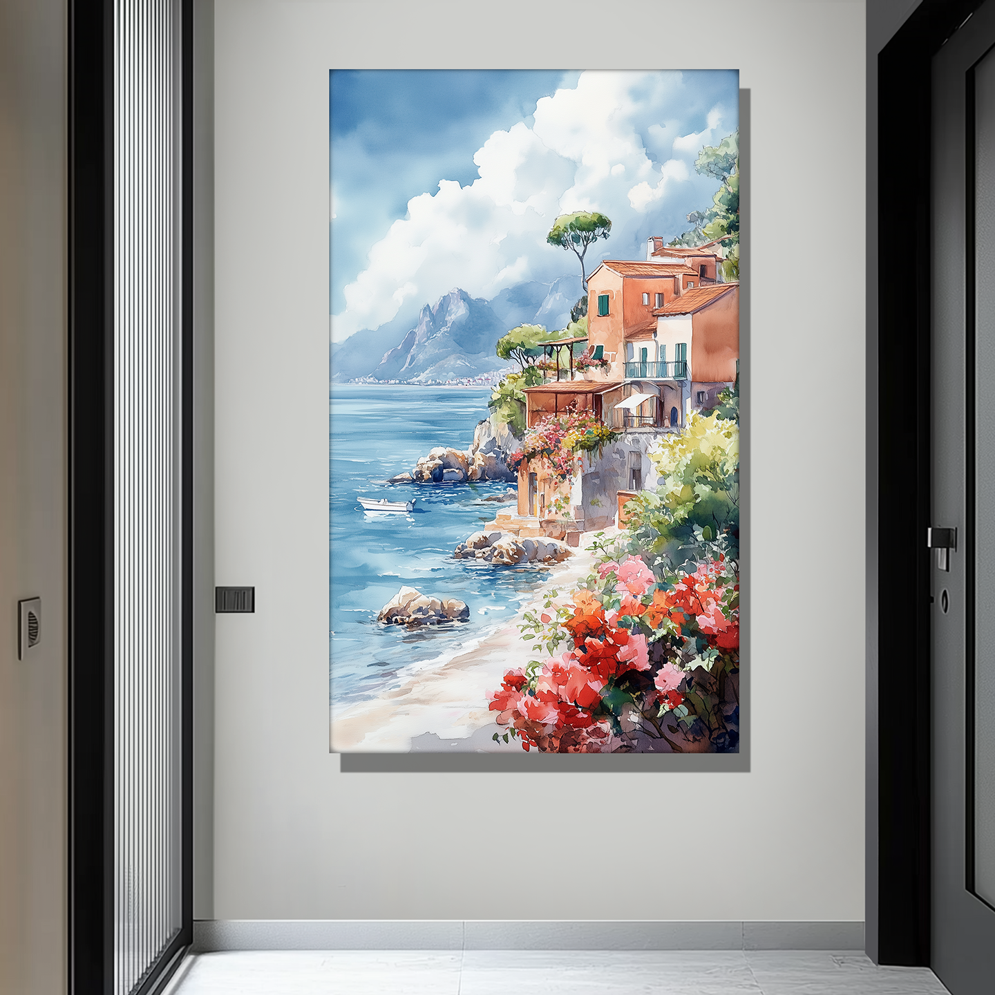 欧式地中海风景竖版防水玄关画墙贴装饰画过道走廊家居酒店无框画