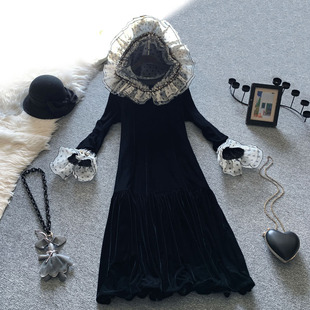 金丝绒连衣裙女秋冬复古欧根纱荷叶边宽松显瘦大码遮肉高级感裙子