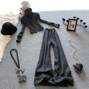 休闲时尚针织套装女秋冬搭配一整套洋气长袖毛衣显瘦阔腿裤两件套