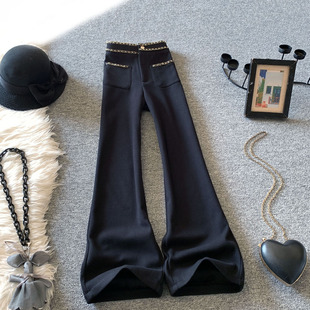 黑色窄版阔腿裤女秋冬加绒高腰链条显瘦垂坠感羊绒毛呢休闲直筒裤
