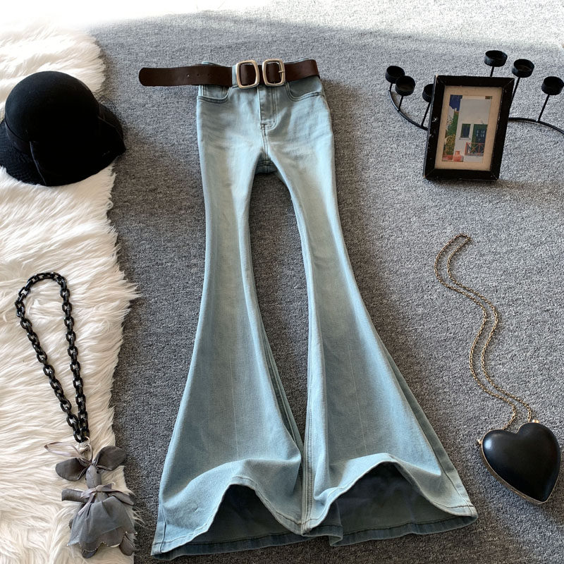 复古浅色大喇叭牛仔裤女春季新款辣妹弹力修身显瘦高个子马蹄长裤