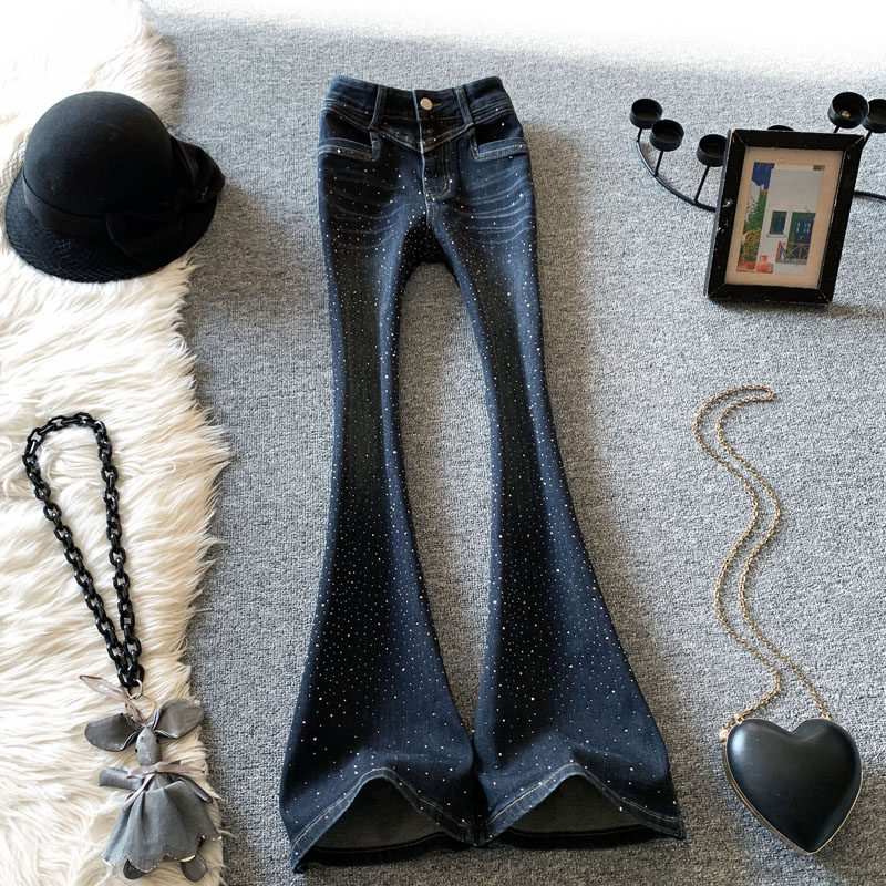 深蓝满天星烫钻微喇牛仔裤女春季2026新款辣妹高腰显瘦修身马蹄裤
