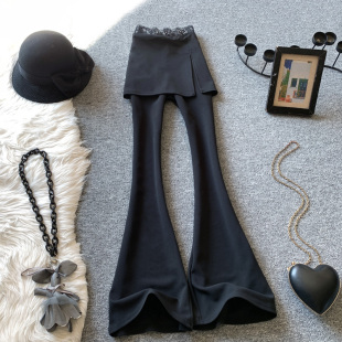 黑色微喇裤女夏季薄款拼接蕾丝假两件围裙弹力显瘦西装喇叭长裤子