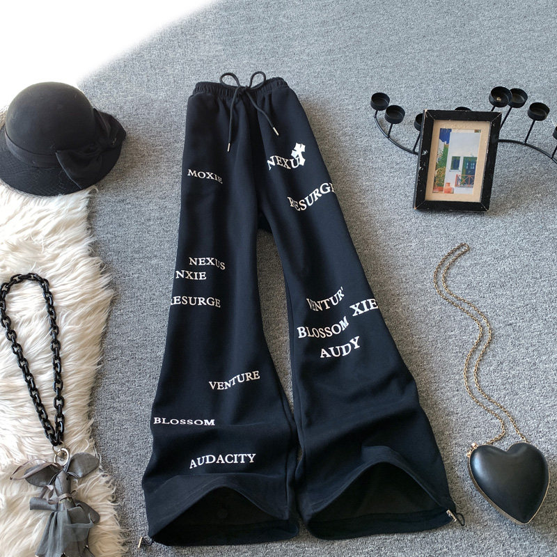 运动卫裤女秋季新款复古高街高腰字母宽松直筒休闲长裤黑色阔腿裤