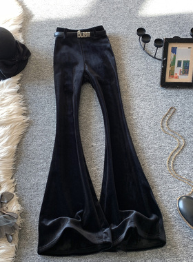 黑色丝绒微喇裤女春秋季新款高腰显瘦修身拖地长裤垂感喇叭裤子潮