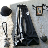 黑色阔腿裤 运动卫裤 复古高腰蕾丝拼接条纹直筒休闲长裤 新款 女春季