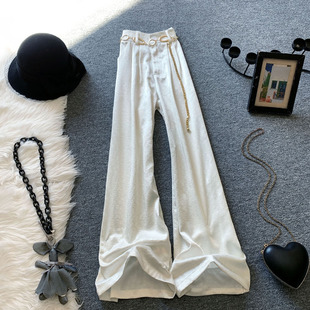 高腰垂感阔腿裤女春夏季缎面通勤白色休闲裤显瘦慵懒风宽松直筒裤