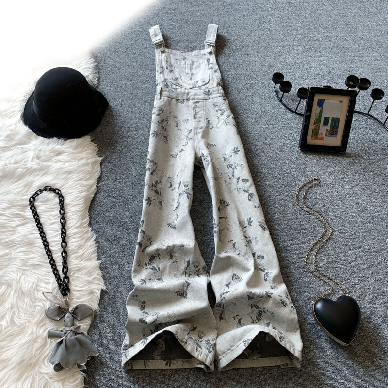 印花牛仔背带裤女春季新款美式复古高腰宽松减龄显瘦连体阔腿裤子