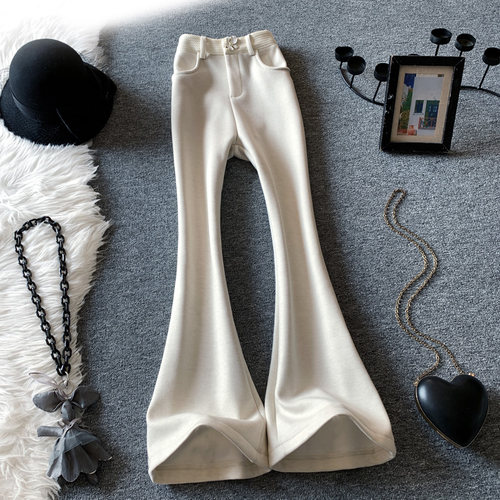 杏白色高腰微喇裤女秋冬季加绒新款显瘦修身拖地长裤垂感喇叭裤子