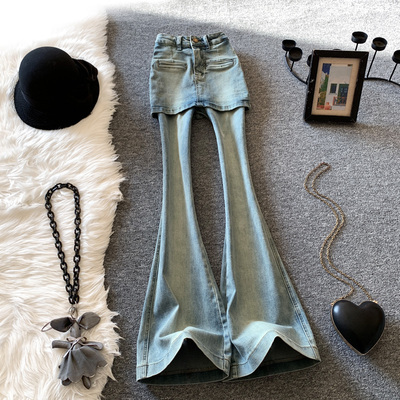 浅蓝色假两件围裙微喇牛仔裤春秋