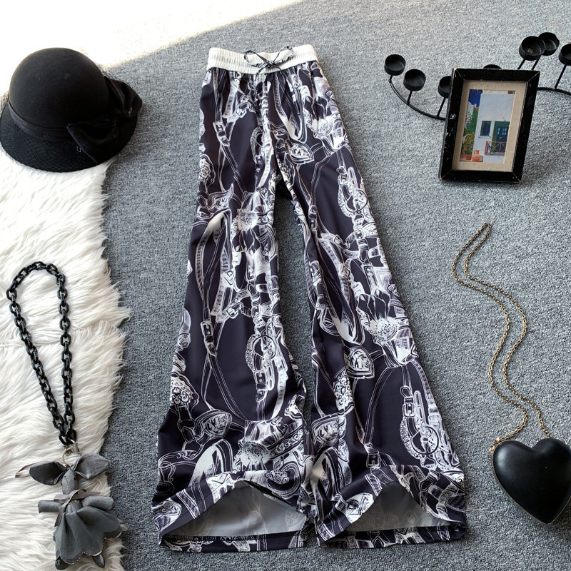 印花休闲裤女夏季薄款气质老钱风宽松显瘦慵懒风阔腿直筒裤长裤子