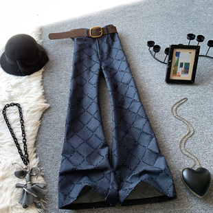 美式菱格提花牛仔裤女秋季高腰设计感直筒休闲拖地长裤显瘦阔腿裤