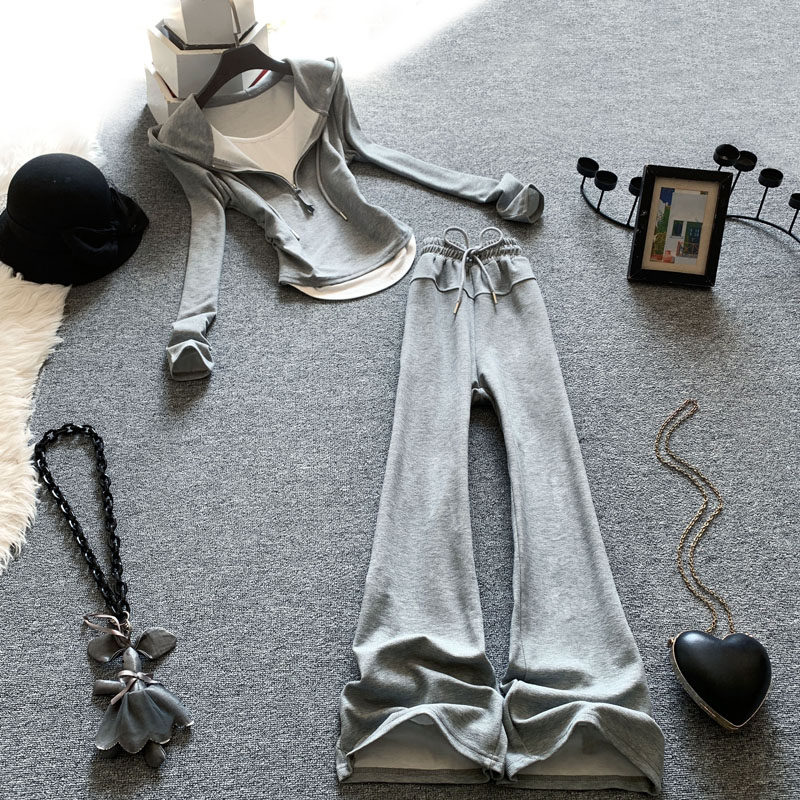 休闲运动时尚套装女春季搭配一整套收腰灰色连帽卫衣阔腿裤两件套