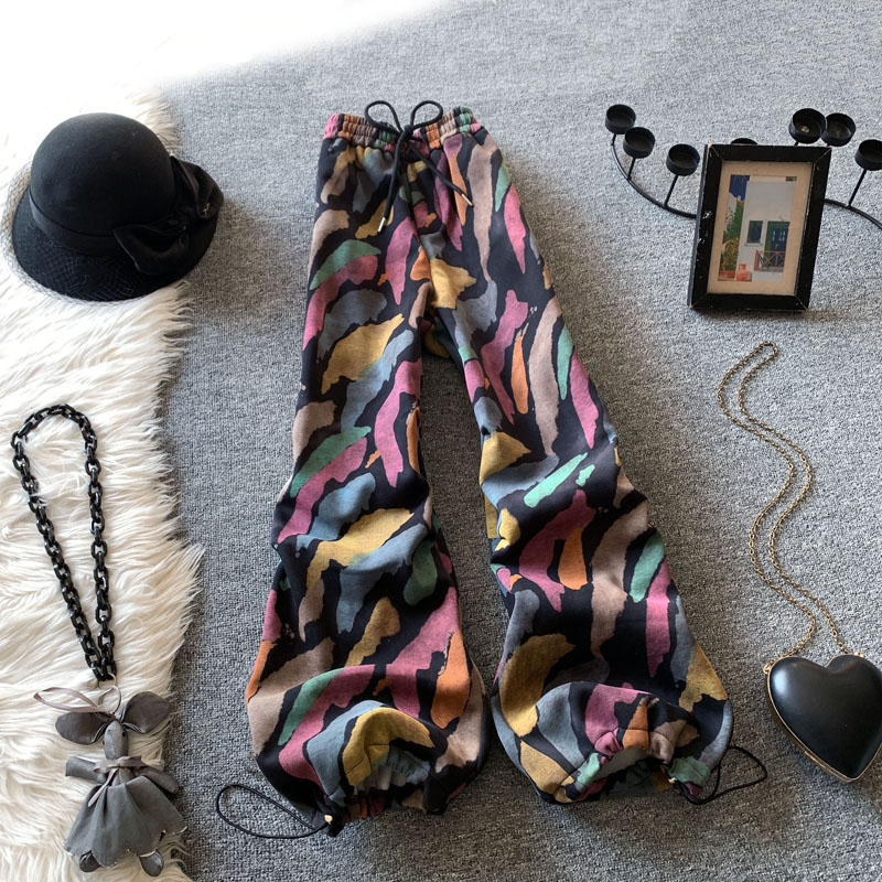 印花卫裤女冬季新款复古加绒加厚