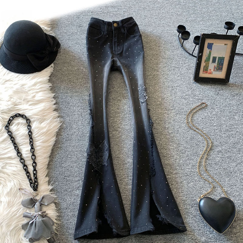 渐变开叉微喇牛仔裤女春季辣妹高腰满天星烫钻显瘦修身喇叭长裤潮