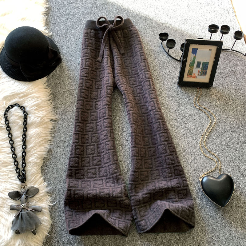 咖啡色阔腿针织裤长裤休闲直筒裤