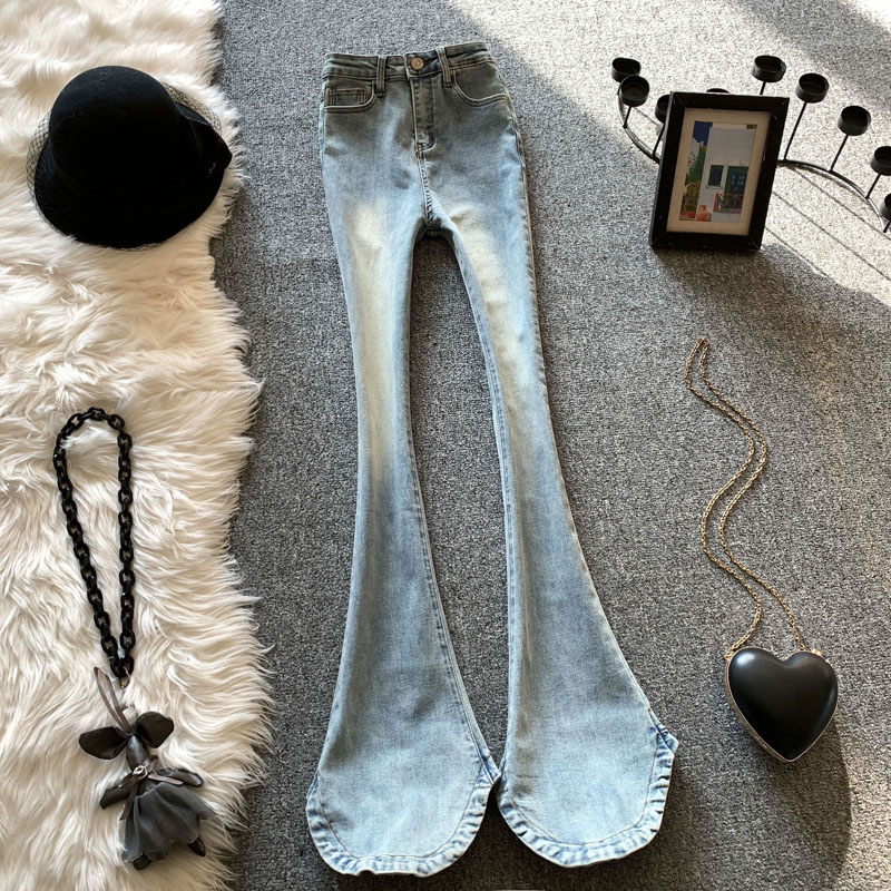 微喇牛仔裤女春季浅蓝马蹄裤高腰