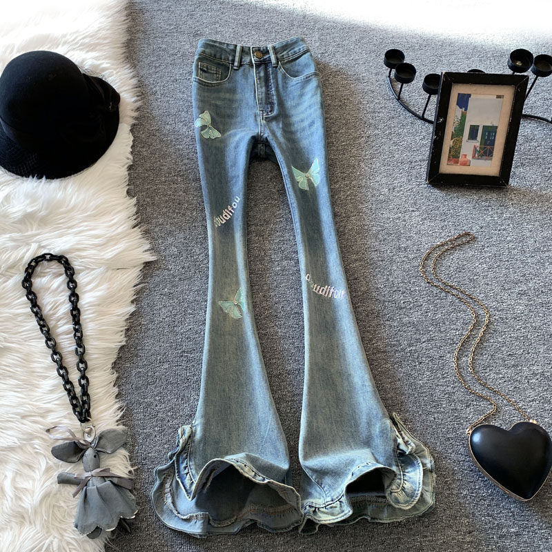 侧开叉微喇叭牛仔裤女春季渐变水洗高腰蝴蝶刺绣显瘦拖地马蹄裤子,女装/女士精品,牛仔裤,淘宝优惠券,粉丝福利购,淘宝优惠卷