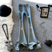 子 渐变水洗高腰蝴蝶刺绣显瘦拖地马蹄裤 侧开叉微喇叭牛仔裤 女春季