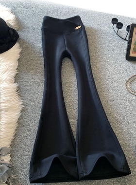 黑色微喇裤女春季2026新款lu系设计感交叉高腰显瘦拼接休闲长裤子