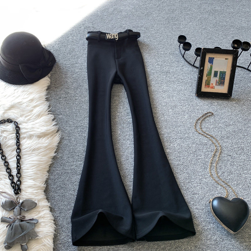 黑色微喇裤女春秋复古高腰设计感显瘦修身弹力长裤垂感喇叭西装裤