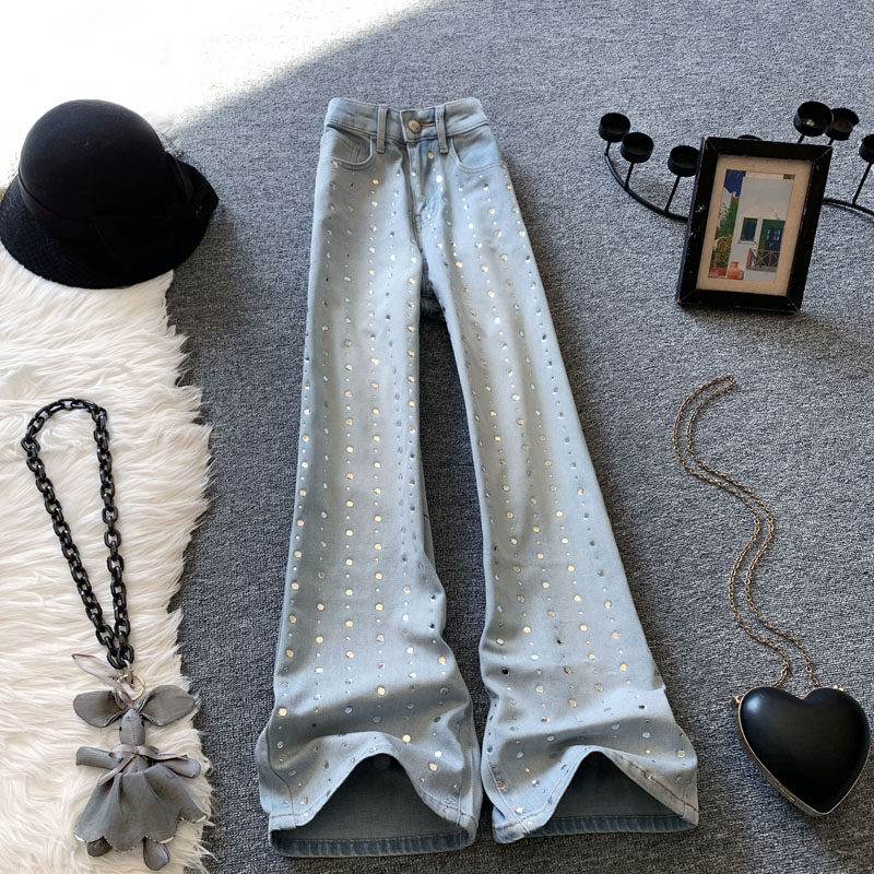 浅蓝色阔腿牛仔裤女春季新款辣妹风烫钻亮闪闪高腰显瘦宽松直筒裤