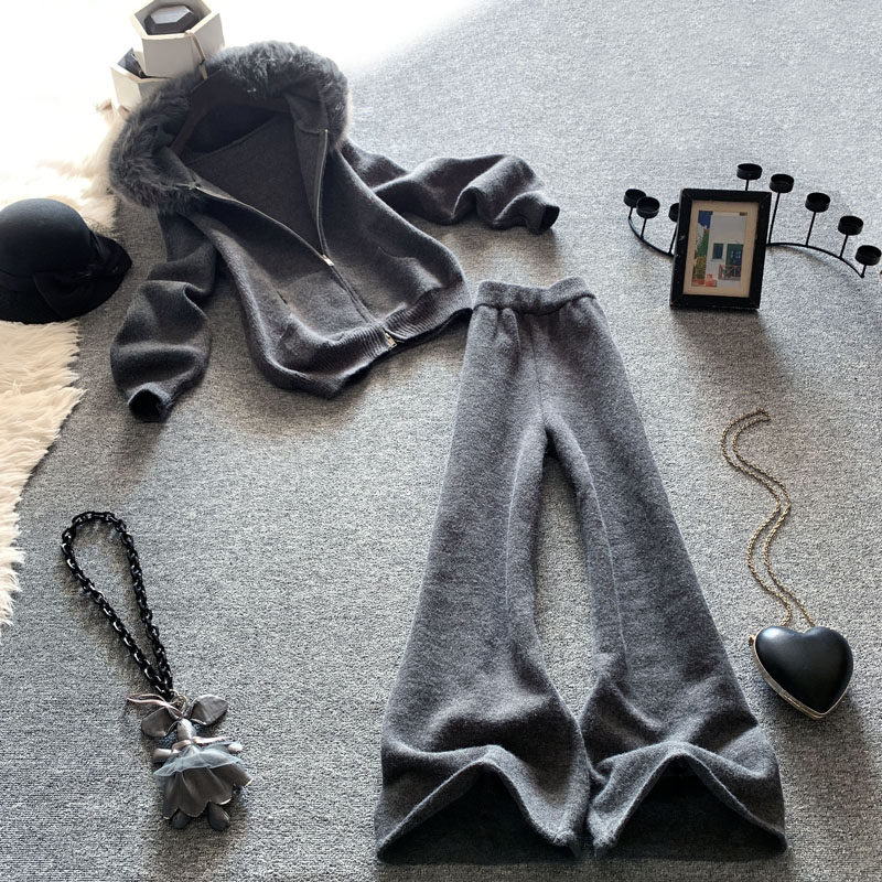 休闲针织套装女秋冬慵懒风卫衣毛领宽松连帽毛衣显瘦阔腿裤两件套