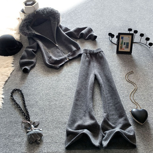 休闲针织套装女秋冬慵懒风卫衣毛领宽松连帽毛衣显瘦阔腿裤两件套