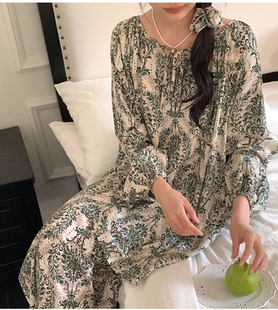 棉绸睡衣女春秋长加肥大码 人造棉家居服 宽松休闲袖 夏天空调服薄款