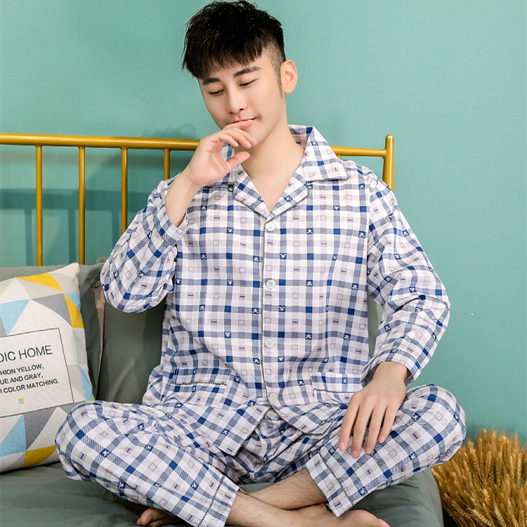 男式纯棉布格子翻领款梭织睡衣
