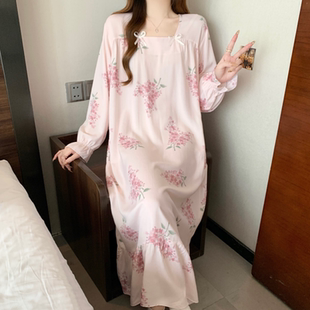 睡裙女棉绸春秋长袖方领碎花长款连衣裙可外穿薄款夏人造棉家居服