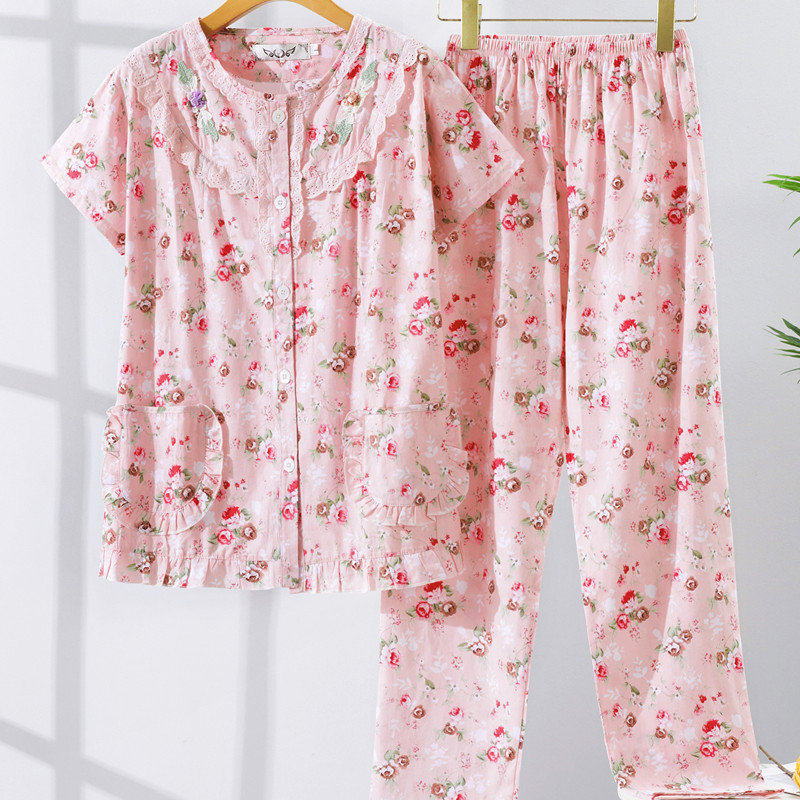 短袖长裤梭织全棉布睡衣家居服