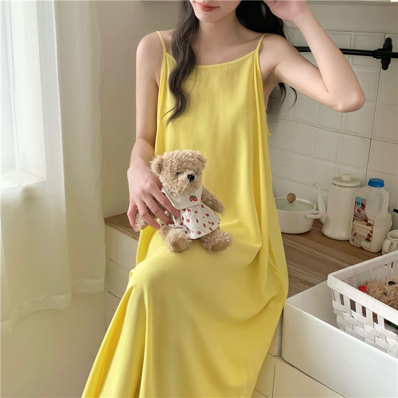 吊带睡裙女棉绸夏薄款宽松性感大码连衣裙超长到脚裸人造棉家居服