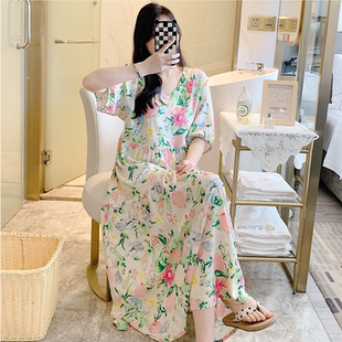 棉绸睡裙女夏季 宽松到脚裸可外穿人造棉胖睡衣家居服 超长薄款 大码