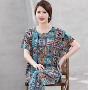 大码 睡衣女棉绸妈妈装 套装 夏季 宽松可外穿中老年人造棉家居服 短袖