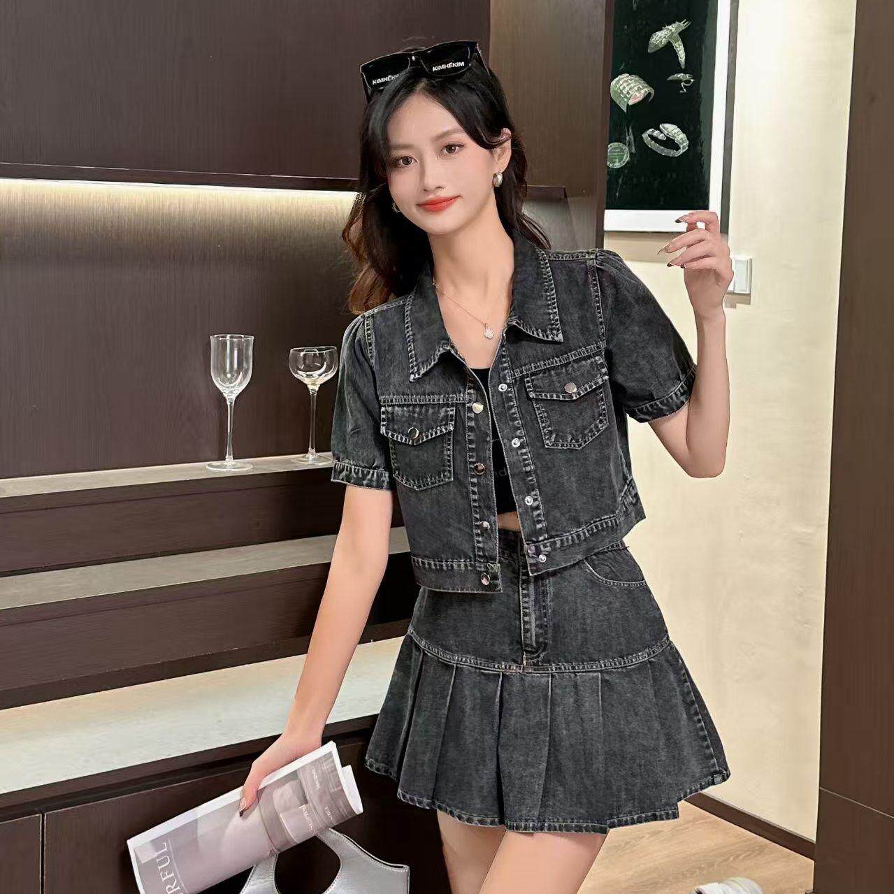 小个子牛仔套裙短裙炸街套装夏新时尚套装