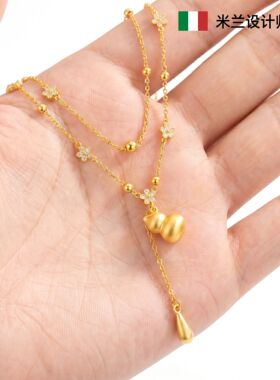 米兰【设计师】新中式金色花朵葫芦双层项链女合金镀金锁骨链