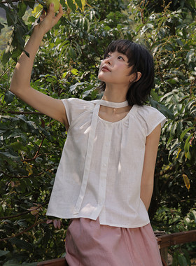 日系文艺短袖衬衫女夏宽松衬衣设计感小众小个子系带小衫58465