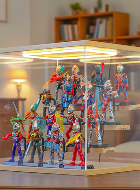 布鲁可奥特曼盲盒手办收纳展示架拼装人偶阶梯收纳盒透明防尘展示