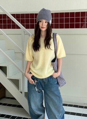 【现货】AndAnything休闲糖果色圆领小花短袖毛衣女25冬新款