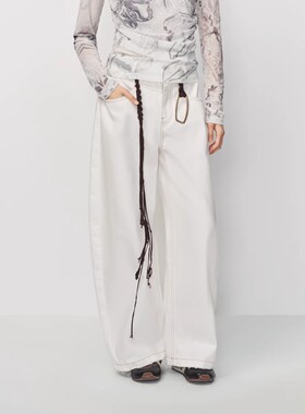 【现货】AVVENN配编织腰带细节高腰白色阔腿牛仔长裤