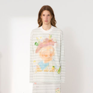 新款 UPi2026夏季 CHEERi 爷爷与小孩卡通印花条纹宽松T恤 现货