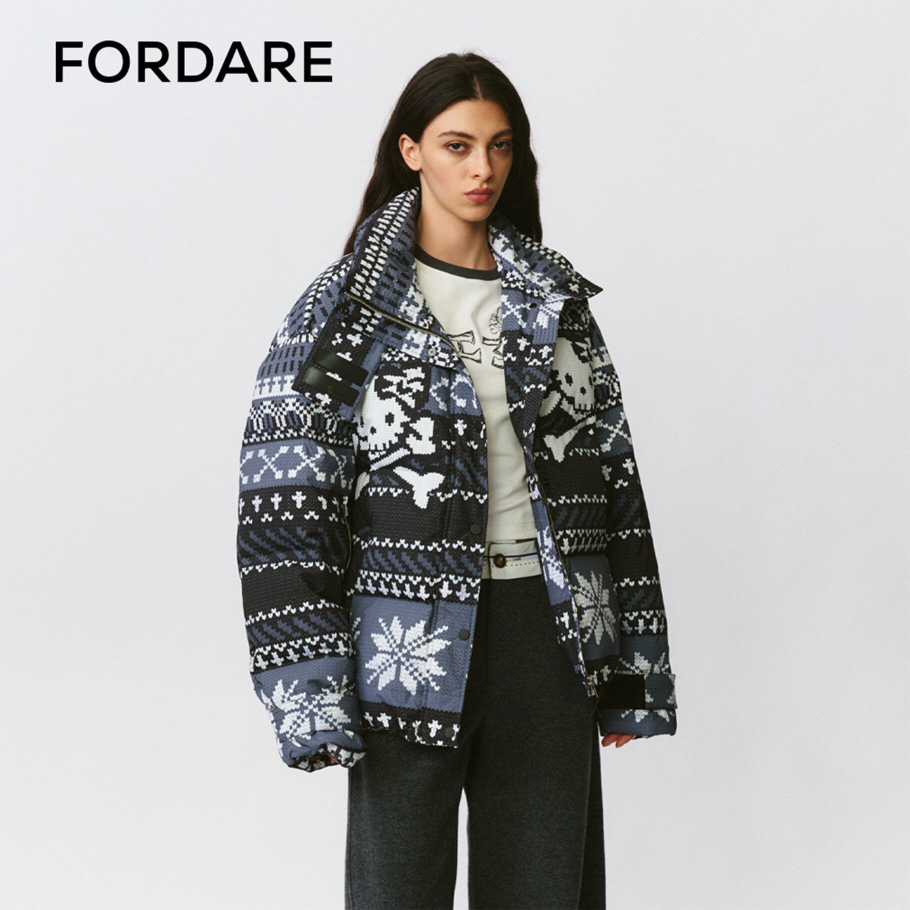 【现货】FORDARE/福蝶25秋冬毛织印花羽绒服