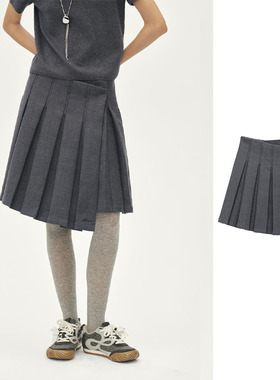 【现货】AVVENN2025冬季新品高腰A字灰色百褶裙秋冬半身裙