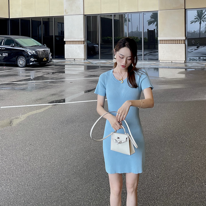 VDO四姑娘 气质冰麻双曲短袖针织连衣裙女百搭弹力修身打底裙