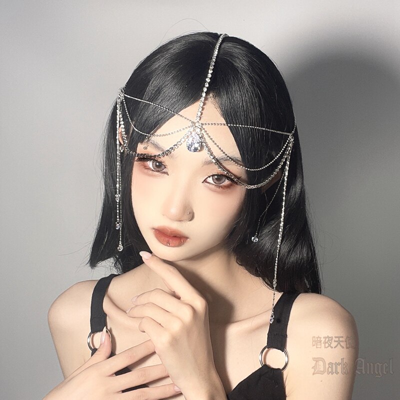 暗夜天使复古风汉服水滴流苏头帘面帘汉服发饰镶钻面纱额饰拍照