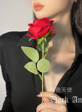 仿真红色玫瑰花单支假花朵干花束lolita高档塑料蓝jk拍照道具装饰