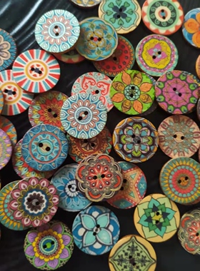 50/100颗/包20/25mm波西米亚木质纽扣圆形两眼复古扣手工diy木扣