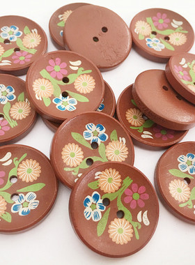 30mm彩绘圆形2孔花木纽扣 大衣扣 呢子扣大尺寸儿童纽扣衣服辅料